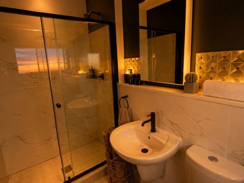 Modern bathroom featuring a glass shower enclosure, marble-look wall tiles, a sleek wall-mounted basin with black fixtures, and elegant backlit mirror lighting.