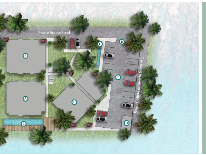 Master site plan for Amali Tamarin, illustrating the layout of residential blocks, parking, security, and swimming pool facilities.