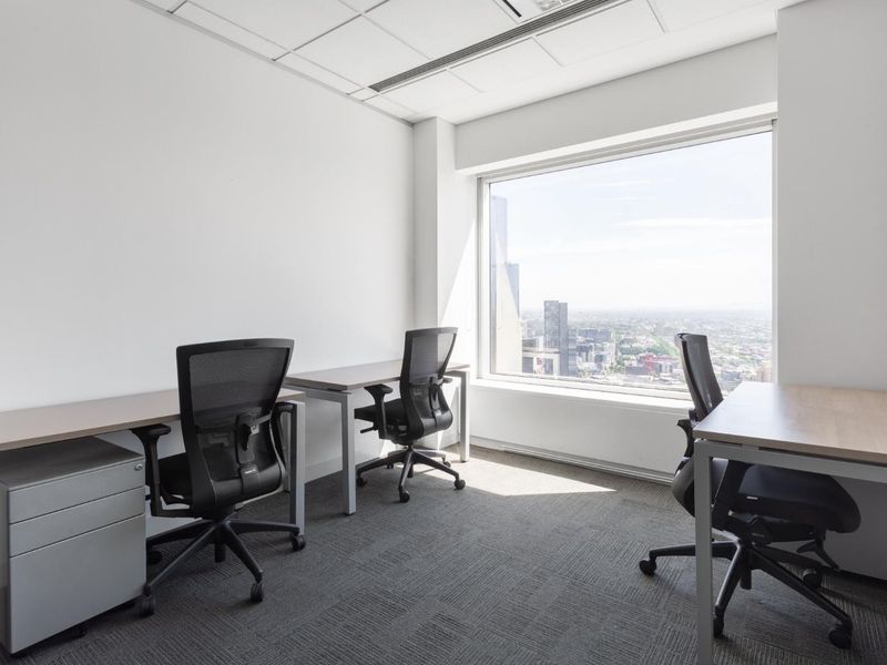 A bright, modern office space featuring a large picture window with expansive city views, suspended ceiling, and professional carpeted flooring.