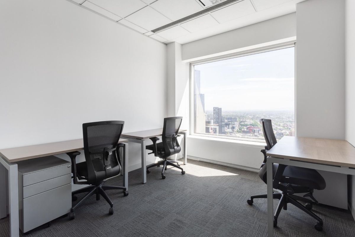 A bright, modern office space featuring a large picture window with expansive city views, suspended ceiling, and professional carpeted flooring.