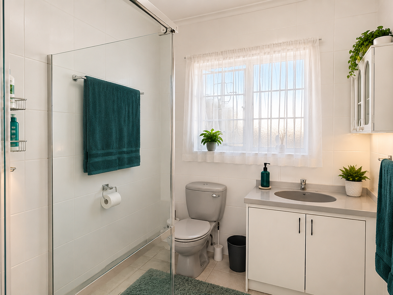 A clean and well-maintained bathroom featuring a glass shower enclosure, a modern vanity with integrated basin, and neutral wall tiling.