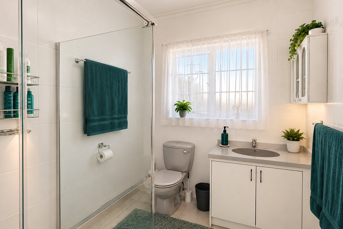 A clean and well-maintained bathroom featuring a glass shower enclosure, a modern vanity with integrated basin, and neutral wall tiling.