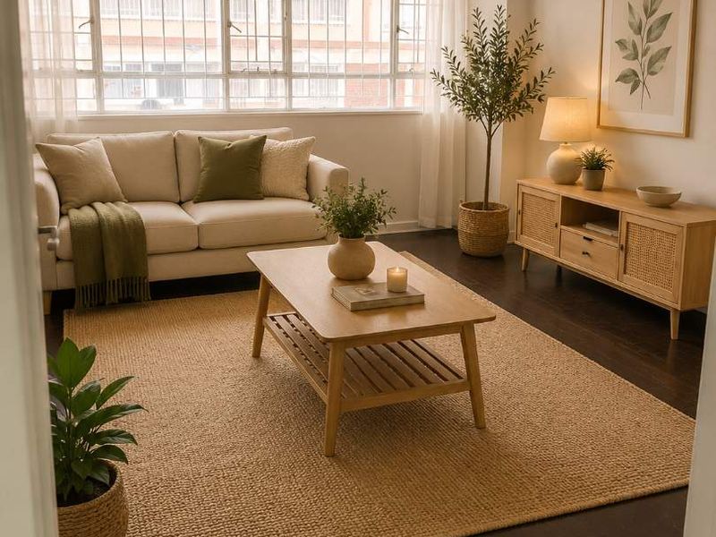 A bright and well-maintained living room featuring dark wood flooring and a large window with security bars, offering a clean and inviting atmosphere.