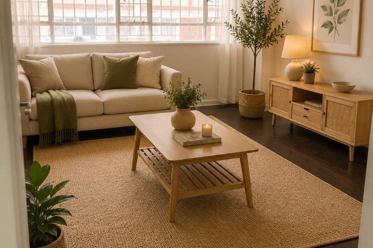 A bright and well-maintained living room featuring dark wood flooring and a large window with security bars, offering a clean and inviting atmosphere.