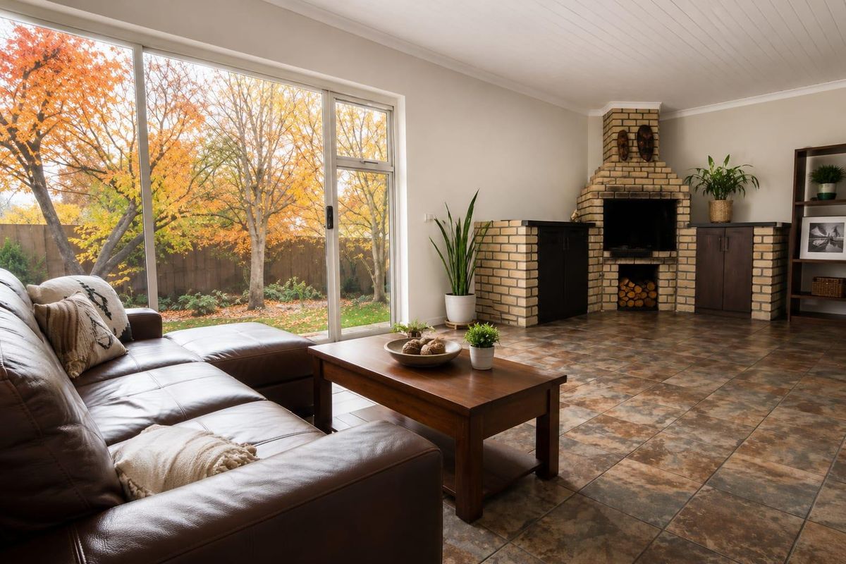 Spacious living room featuring large sliding glass doors, tiled flooring, and a prominent built-in brick fireplace with integrated storage cabinetry.