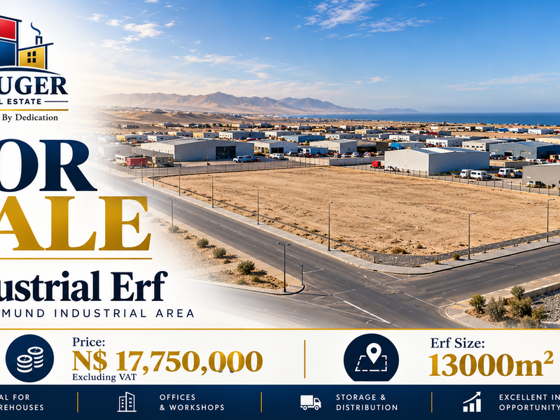 Aerial view of a vacant industrial erf located in the Swakopmund industrial area, featuring paved road access and surrounding infrastructure.