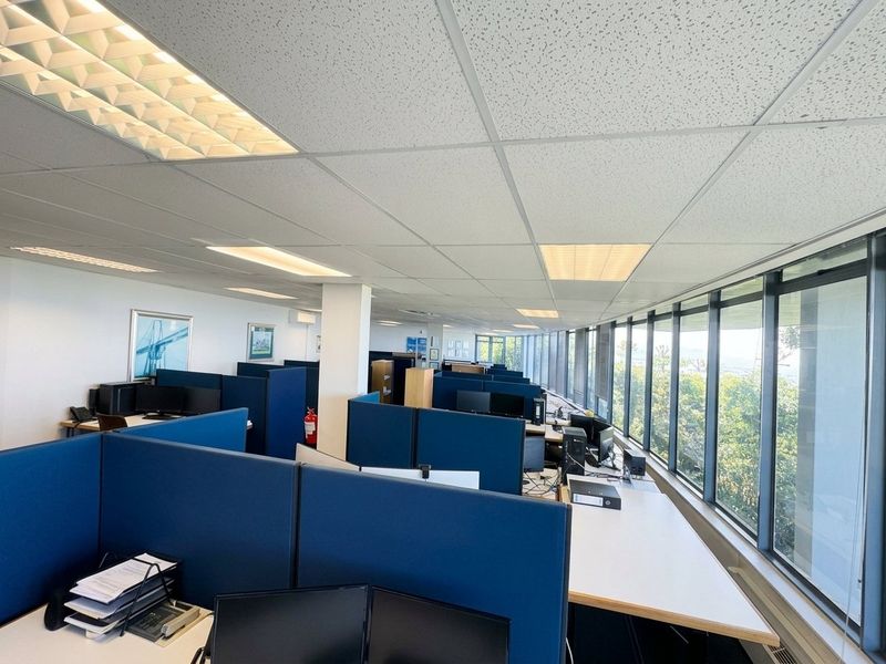 Open-plan office space featuring large floor-to-ceiling windows, suspended ceilings with recessed lighting, and a functional layout suitable for a professional business environment.