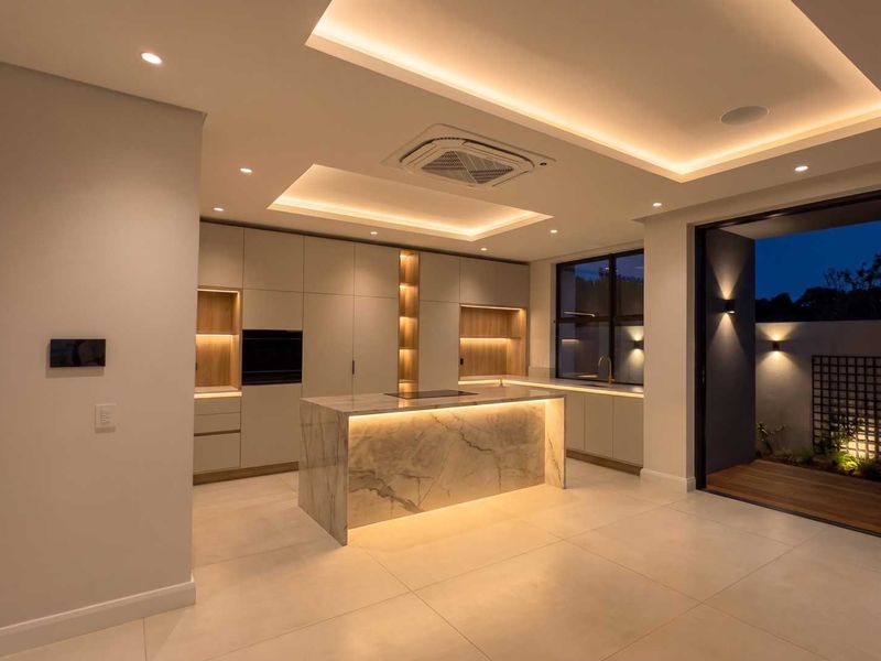 Modern luxury kitchen featuring a marble island, integrated cabinetry, recessed cove lighting, and seamless access to an outdoor patio area.