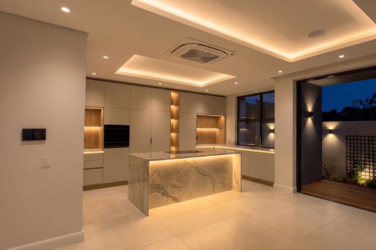 Modern luxury kitchen featuring a marble island, integrated cabinetry, recessed cove lighting, and seamless access to an outdoor patio area.