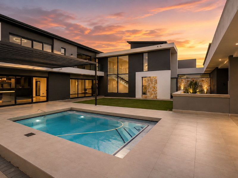 Modern rear exterior featuring a swimming pool, tiled patio, stone cladding accents, and a pergola, set against a contemporary architectural design.