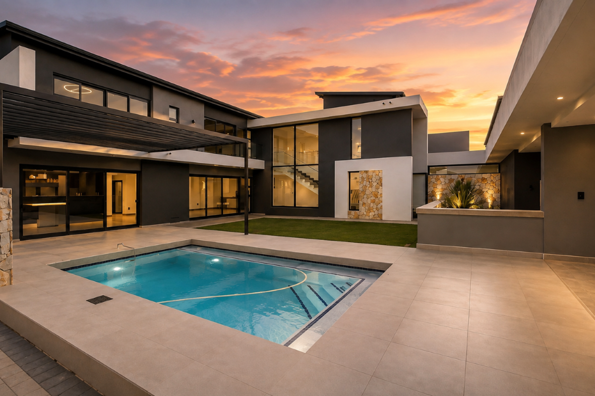 Modern rear exterior featuring a swimming pool, tiled patio, stone cladding accents, and a pergola, set against a contemporary architectural design.