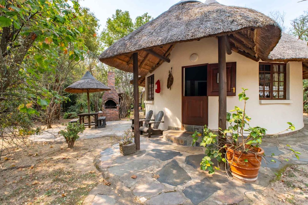 A charming thatched-roof cottage featuring a stone patio and an outdoor brick braai area, set within a natural, wooded farm environment.