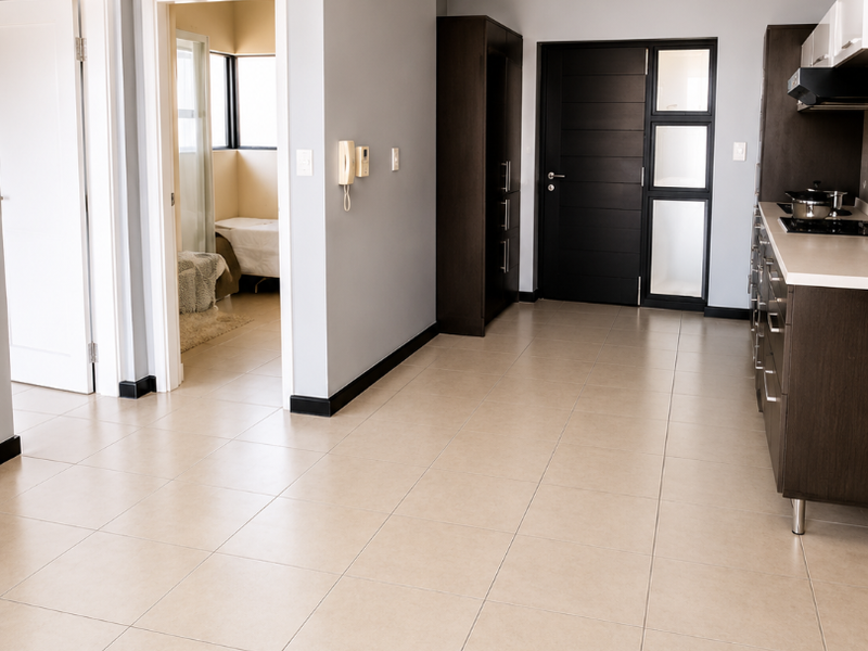 Open plan living area featuring tiled flooring, built-in kitchen cabinetry with integrated hob and extractor, and access to adjacent rooms.