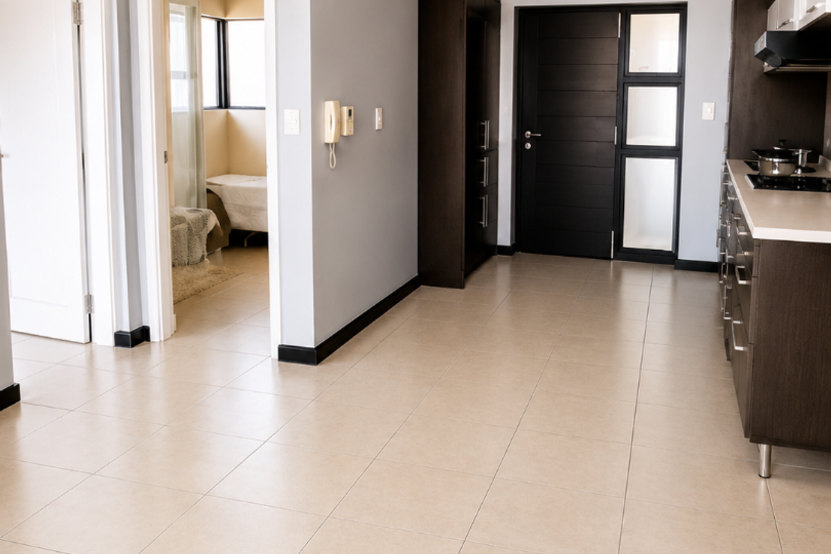 Open plan living area featuring tiled flooring, built-in kitchen cabinetry with integrated hob and extractor, and access to adjacent rooms.