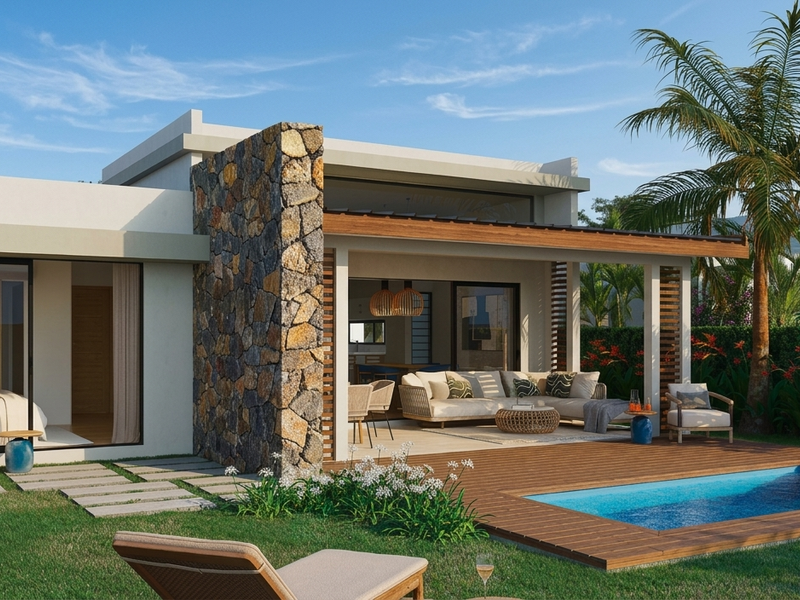 Modern townhouse rear elevation featuring a private swimming pool, timber decking, covered patio, and stone accent wall, seamlessly blending indoor and outdoor living spaces.