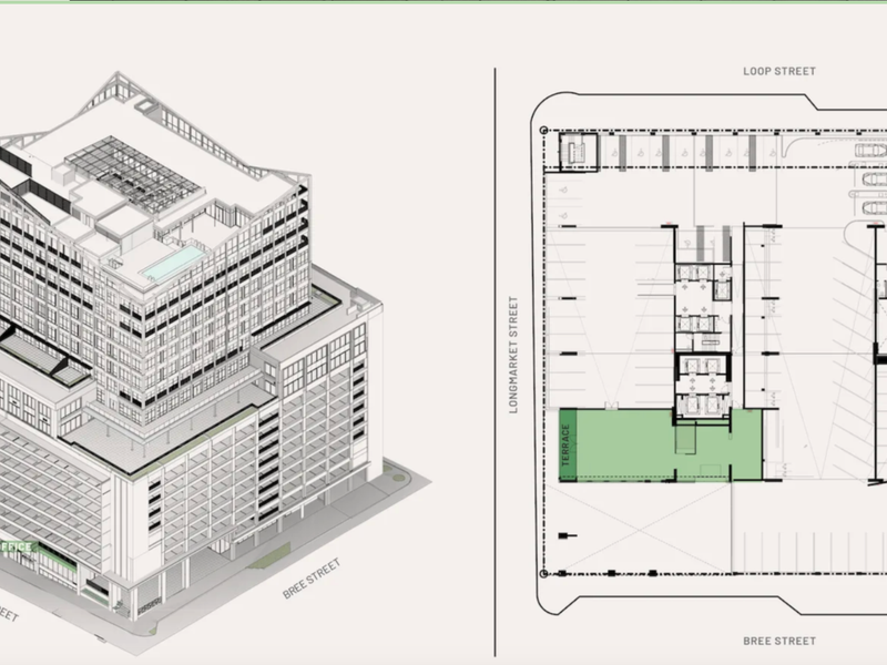 An architectural rendering showing the building's isometric exterior view alongside a detailed floor plan layout for the office level.