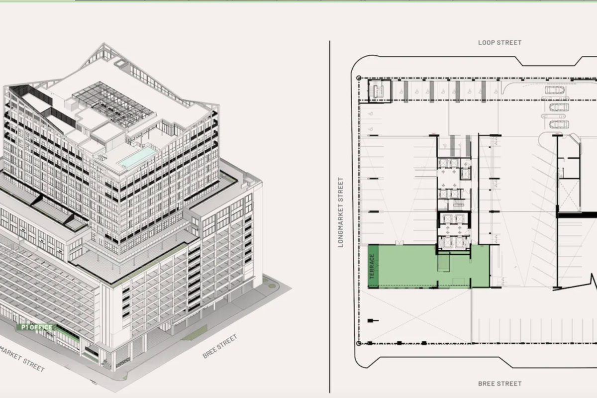 An architectural rendering showing the building's isometric exterior view alongside a detailed floor plan layout for the office level.