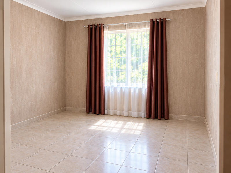 A bright, empty bedroom featuring neutral tiled flooring, textured wall finishes, and a window fitted with security bars and curtain rods.