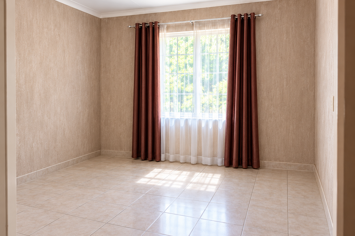 A bright, empty bedroom featuring neutral tiled flooring, textured wall finishes, and a window fitted with security bars and curtain rods.