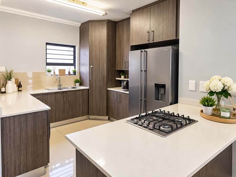 Modern kitchen featuring dark wood cabinetry, stone countertops, a gas hob, and a stainless steel sink with tiled flooring.