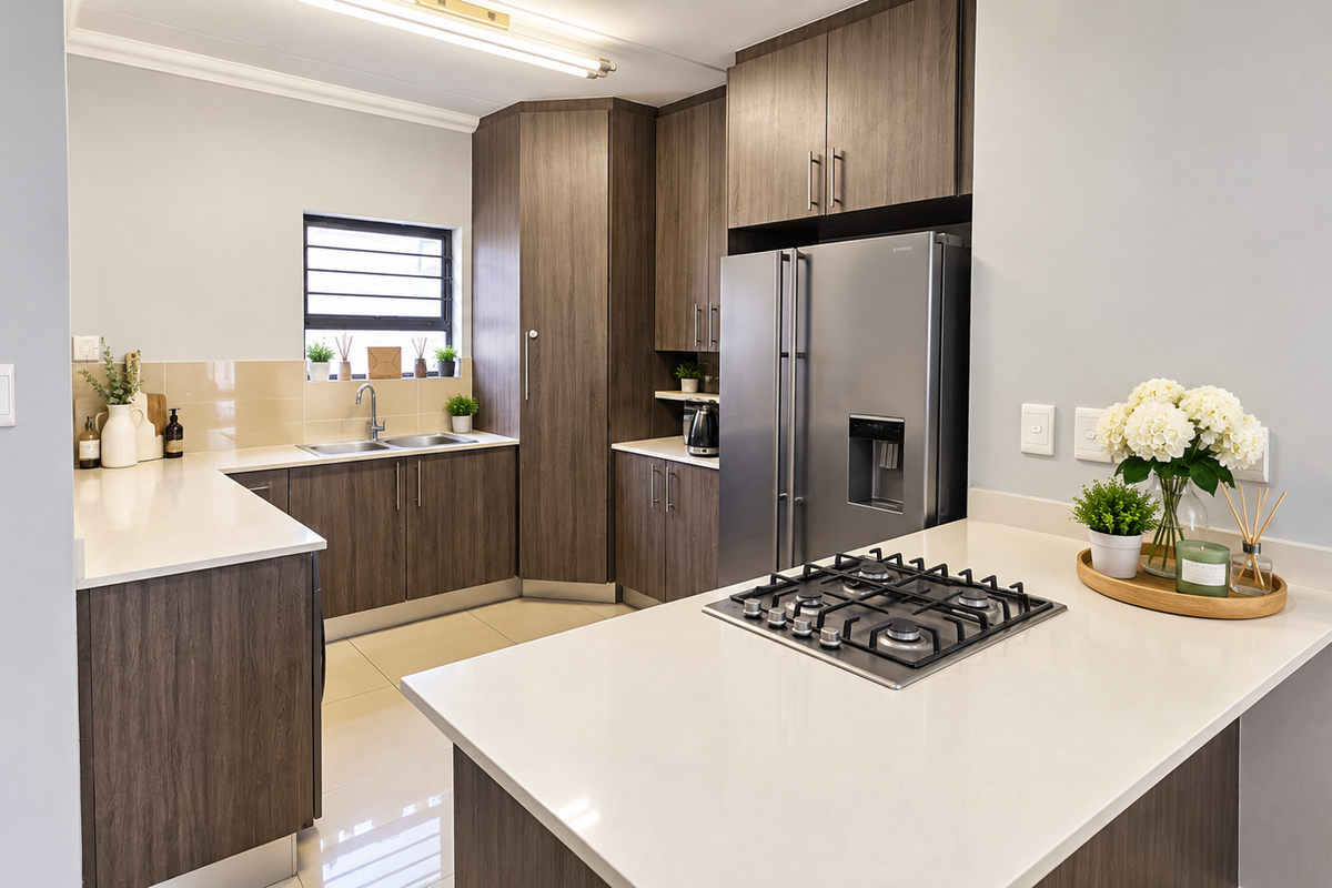 Modern kitchen featuring dark wood cabinetry, stone countertops, a gas hob, and a stainless steel sink with tiled flooring.