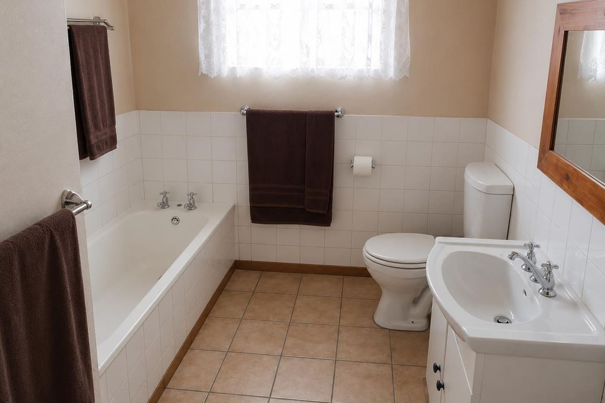 A functional bathroom featuring a built-in bathtub, vanity cabinet with washbasin, and tiled finishes throughout.