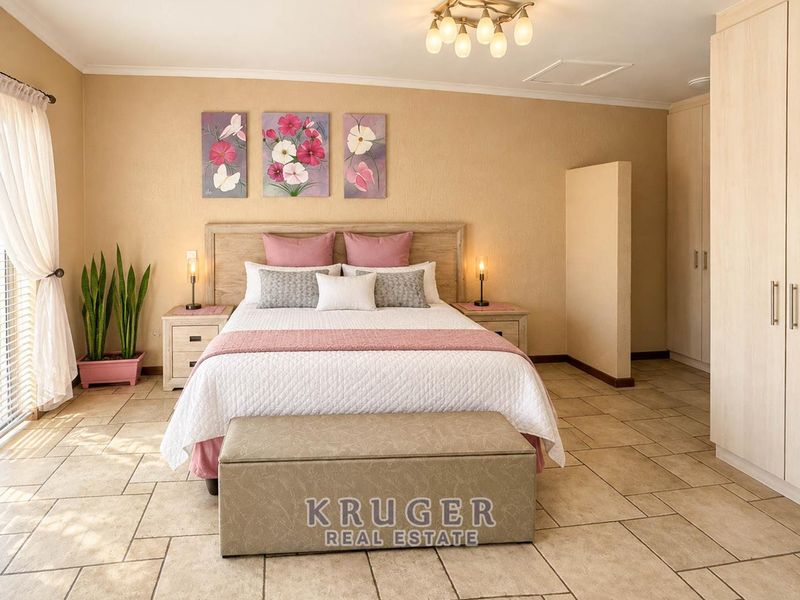 A spacious bedroom featuring tiled flooring, built-in cupboards, and a sliding door providing access to the exterior.