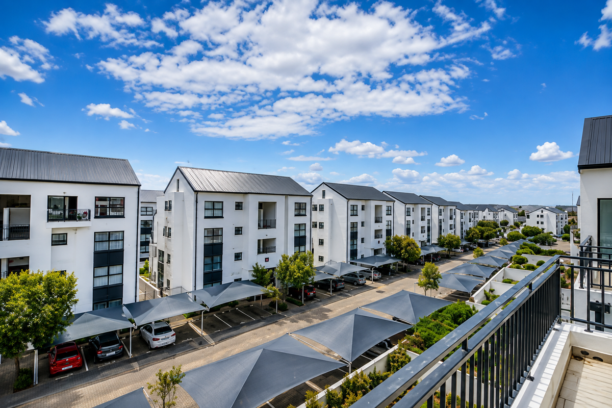 An elevated view of a modern apartment complex featuring white facades, dark metal roofing, and designated shade-cloth parking bays.