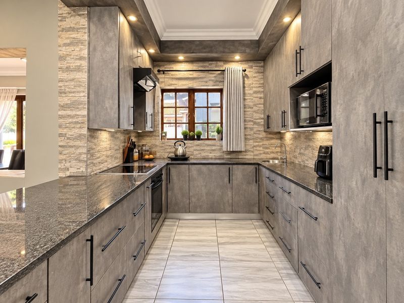Modern U-shaped kitchen featuring stone-look cabinetry, granite countertops, integrated appliances, and stylish stone cladding backsplash with recessed lighting.