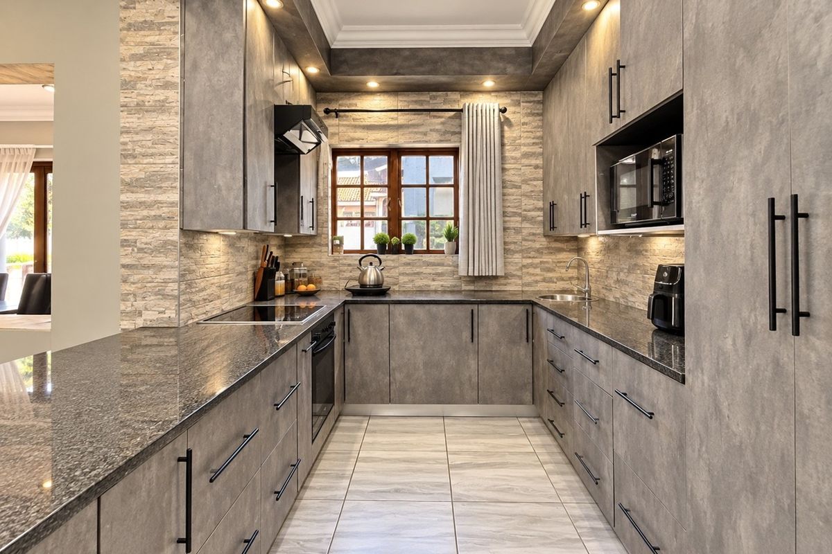 Modern U-shaped kitchen featuring stone-look cabinetry, granite countertops, integrated appliances, and stylish stone cladding backsplash with recessed lighting.