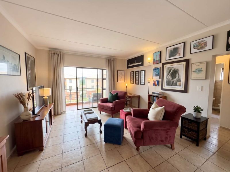 A well-maintained living room featuring tiled flooring and a large sliding glass door providing access to a private balcony.