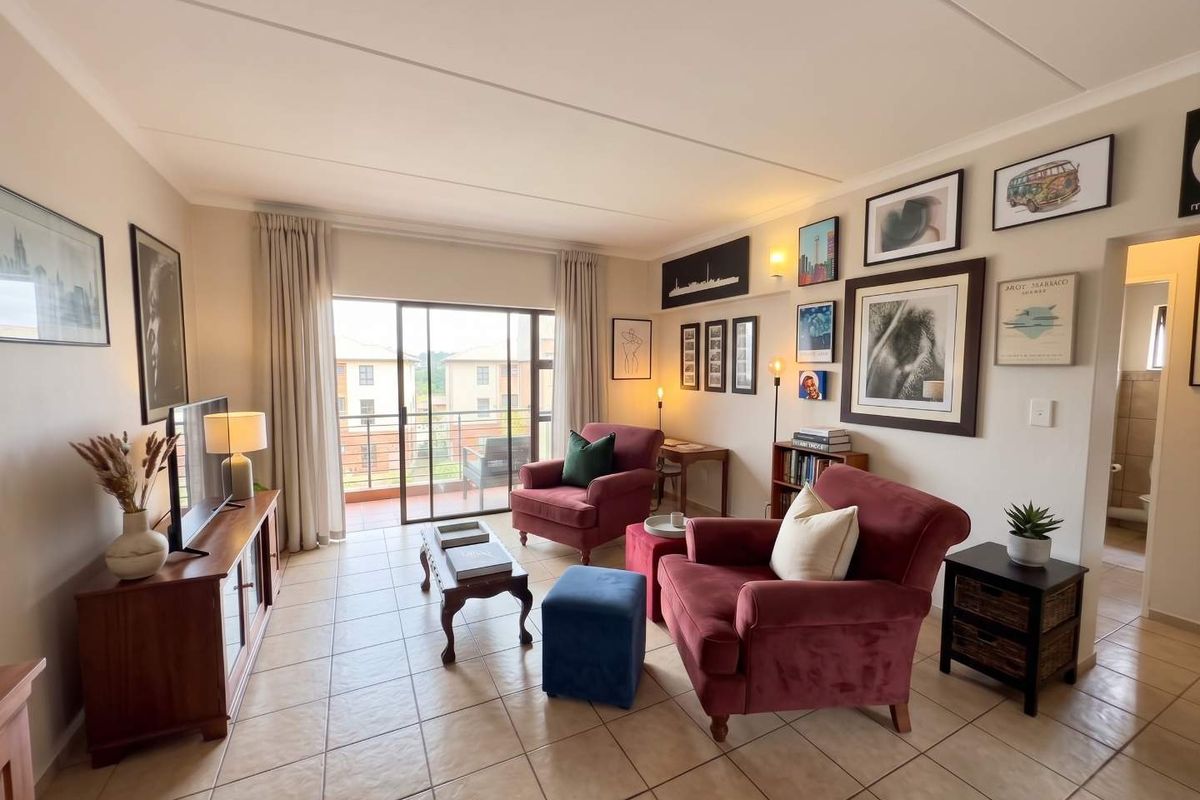 A well-maintained living room featuring tiled flooring and a large sliding glass door providing access to a private balcony.