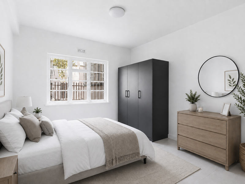 A bright and well-maintained bedroom featuring a built-in wardrobe, neutral finishes, and a window with security bars.