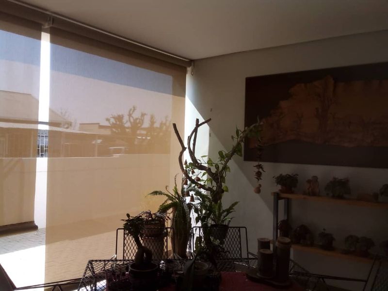 A living area featuring large roller blinds that provide adjustable natural light control.