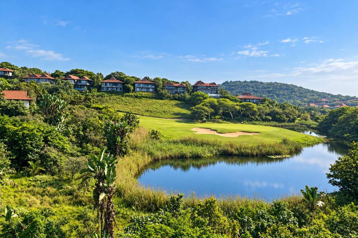 A scenic elevated view overlooking a lush golf course, tranquil lake, and surrounding residential estate landscape.