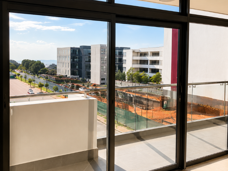 A modern, empty balcony featuring large sliding glass doors, a sleek glass balustrade, and neutral floor tiles with an urban view.