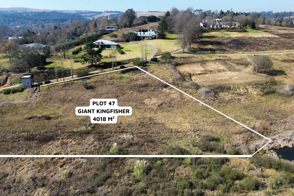 An aerial view of a 4018 square meter vacant plot of land, identified as Plot 47 Giant Kingfisher, situated in a rural estate setting.
