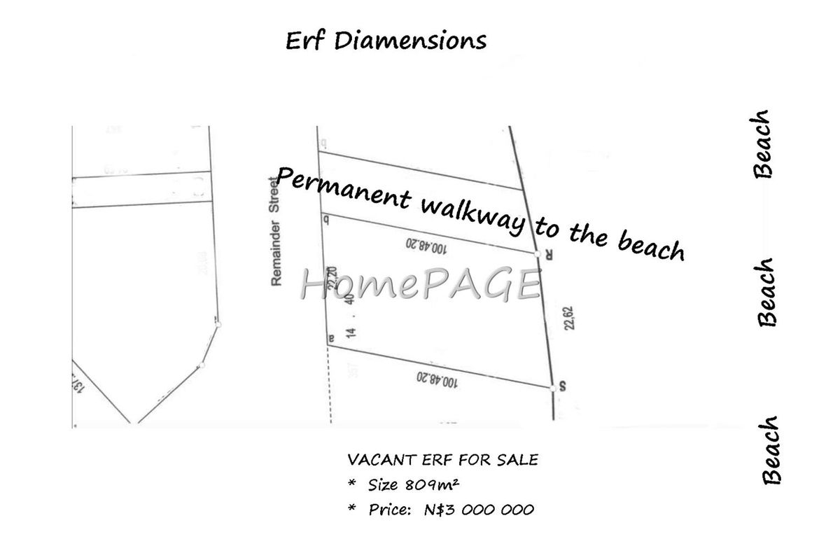 A site plan showing the dimensions of an 809m² vacant residential erf with direct access to a permanent beach walkway.