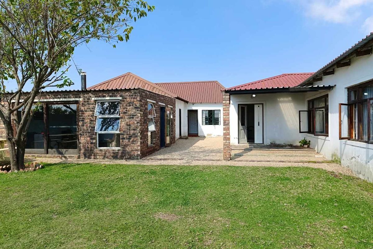 Rear view of the property featuring a mix of face-brick and plastered walls, metal roof, and a gravel courtyard leading to the garden.