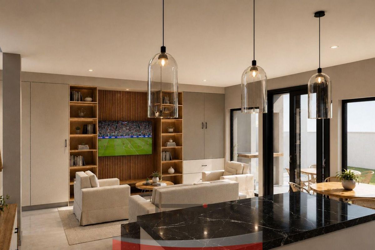 Modern open-plan living area featuring custom built-in cabinetry, slatted timber accents, a sleek black marble kitchen island, and seamless access to the outdoor patio.