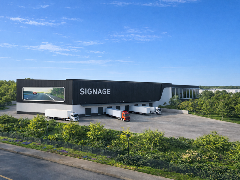 An aerial view of a modern industrial warehouse facility featuring multiple loading bays, a large signage area, and a paved yard.