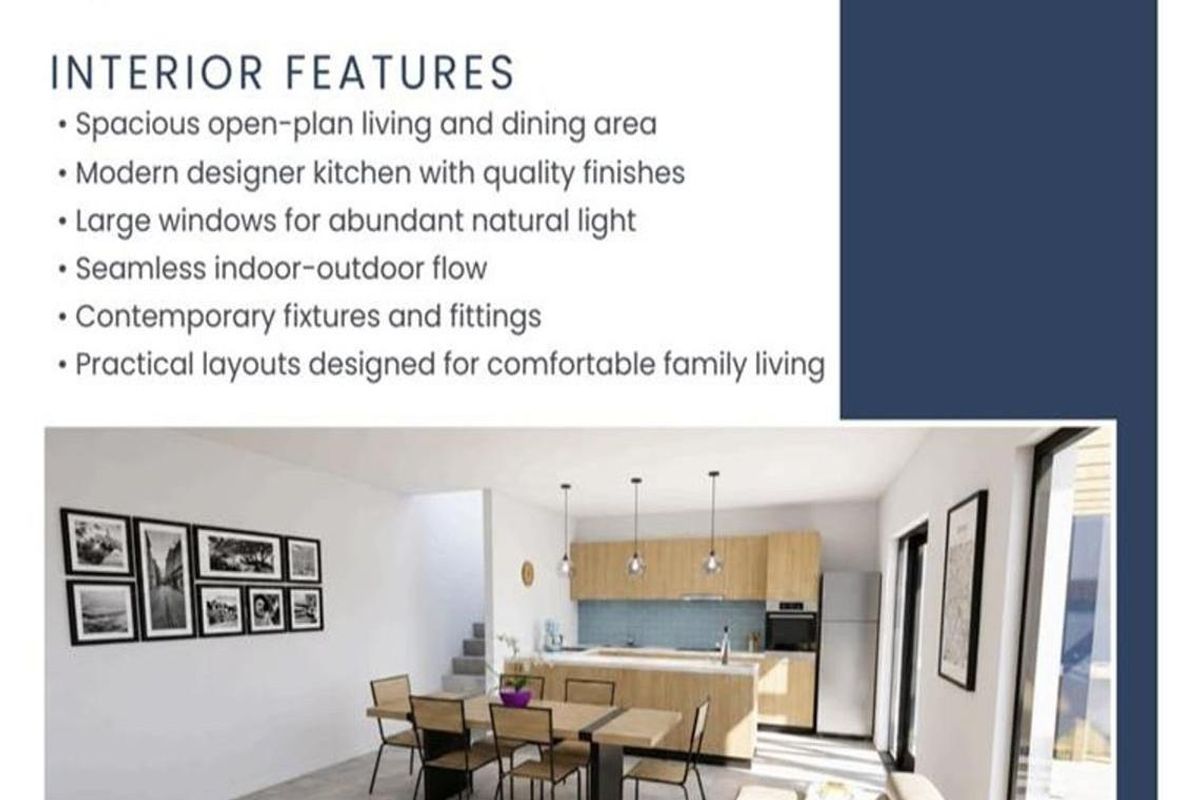 An open-plan living and dining area featuring a modern kitchen with light wood cabinetry, pendant lighting, and a tiled splashback.