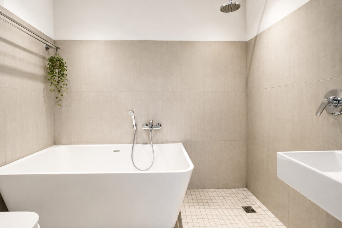 Modern bathroom featuring a sleek freestanding bathtub, wall-mounted shower fixtures, and a minimalist basin with neutral large-format wall tiling.