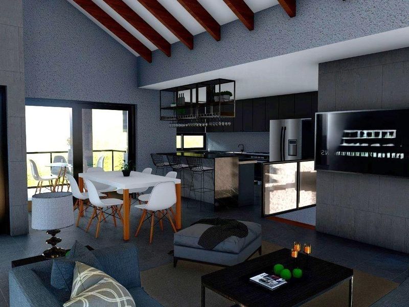 Modern open-plan living and kitchen area featuring high vaulted ceilings with exposed timber beams, sleek cabinetry, and seamless access to outdoor space.