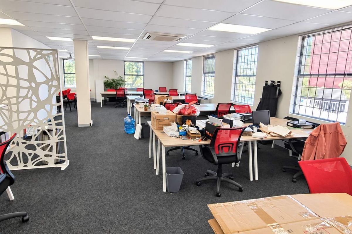 Spacious open-plan office area featuring carpeted flooring, suspended ceilings with recessed lighting, and large windows providing ample natural light.