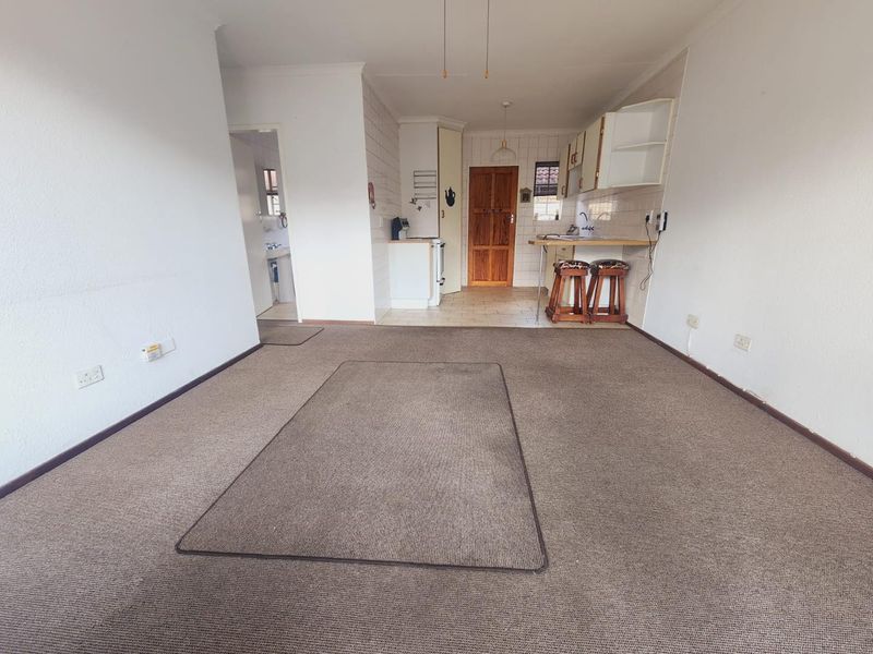 Open plan living area featuring a combined kitchen with breakfast counter and carpeted lounge space, offering a blank canvas for renovation.