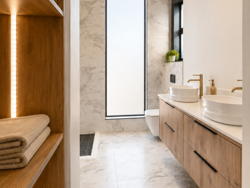 Modern luxury bathroom featuring a double vanity with vessel sinks, floating timber cabinetry, marble-look tiling, and integrated LED-lit shelving.