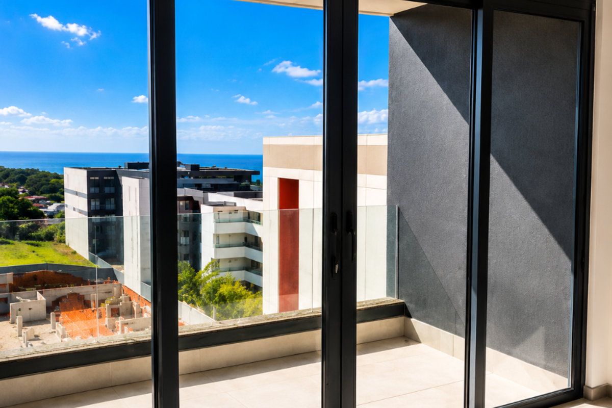 A modern balcony featuring tiled flooring, a sleek glass balustrade, and large sliding glass doors with expansive views of the surrounding area.