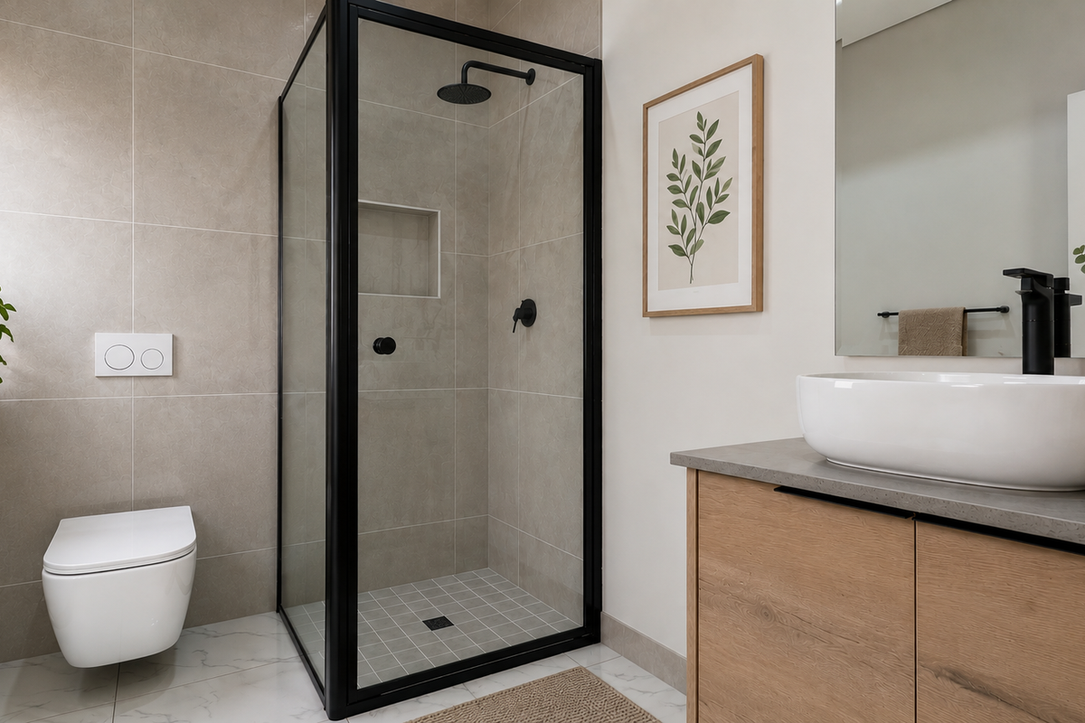 Modern bathroom featuring a wall-hung toilet, a walk-in shower with black framing, and a contemporary vanity with a vessel sink.
