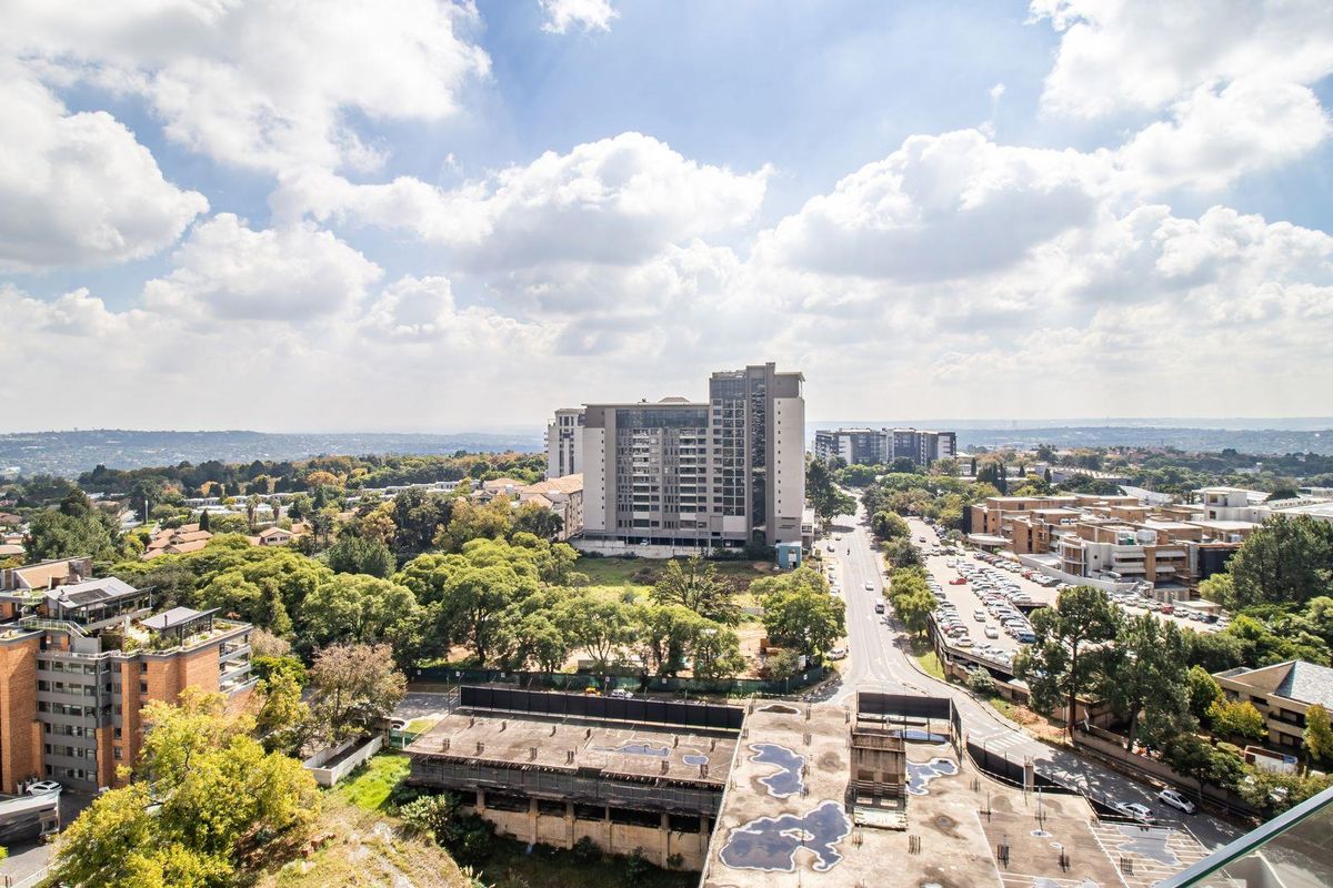 An elevated aerial view showcasing the surrounding urban landscape, neighborhood greenery, and distant city skyline from the apartment's vantage point.